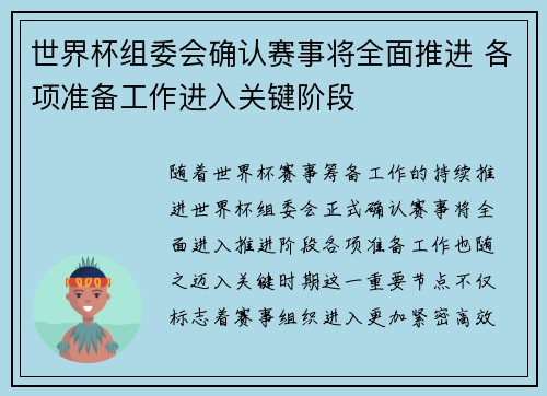 世界杯组委会确认赛事将全面推进 各项准备工作进入关键阶段