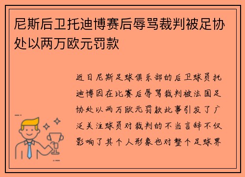 尼斯后卫托迪博赛后辱骂裁判被足协处以两万欧元罚款